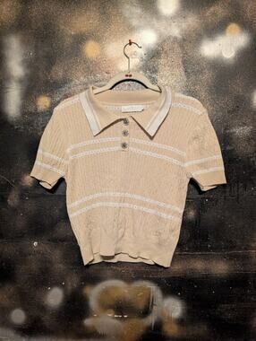 Muy Muy Fancy Collection Cable Knit Polo Shirt Women's Large Beige Stripe Jewel